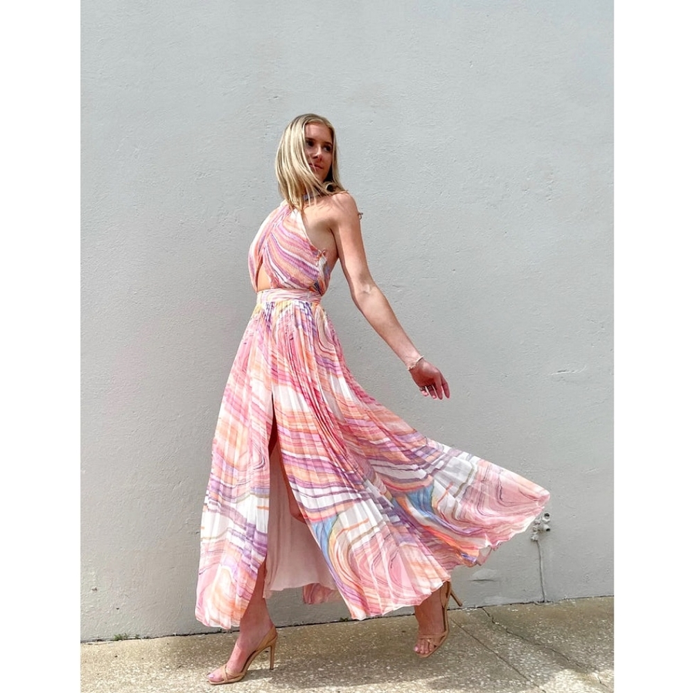 Rococo Sand Barbiecore Eira Marled Swirl Cut Out Halter Pleated Maxi Dress